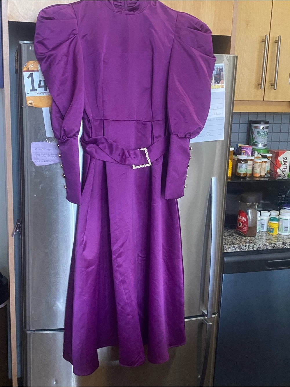 Purple Puff-Sleeve Midi Dress with Rhinestone Belt - Picture 4 of 9